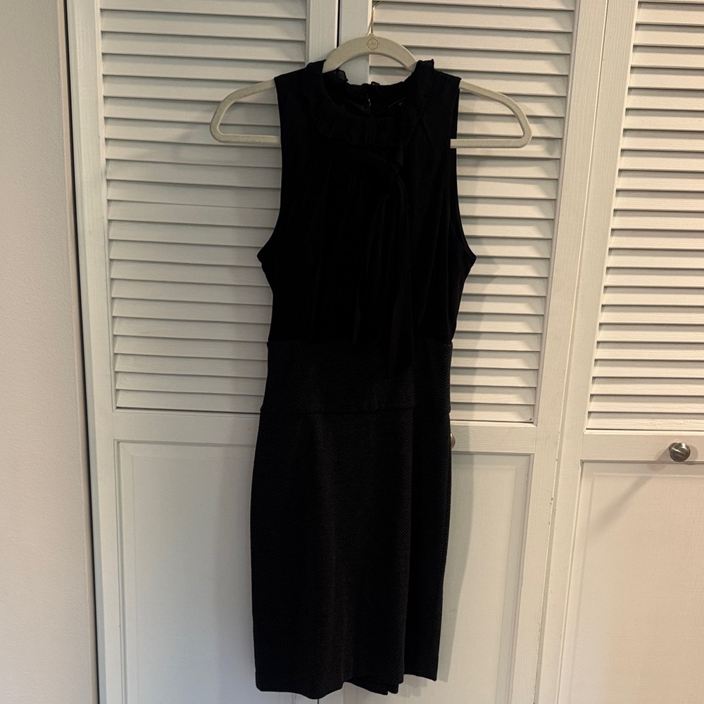 BCBGMaxAzria Black Midi Dress with Ruffle Collar and neck tie.